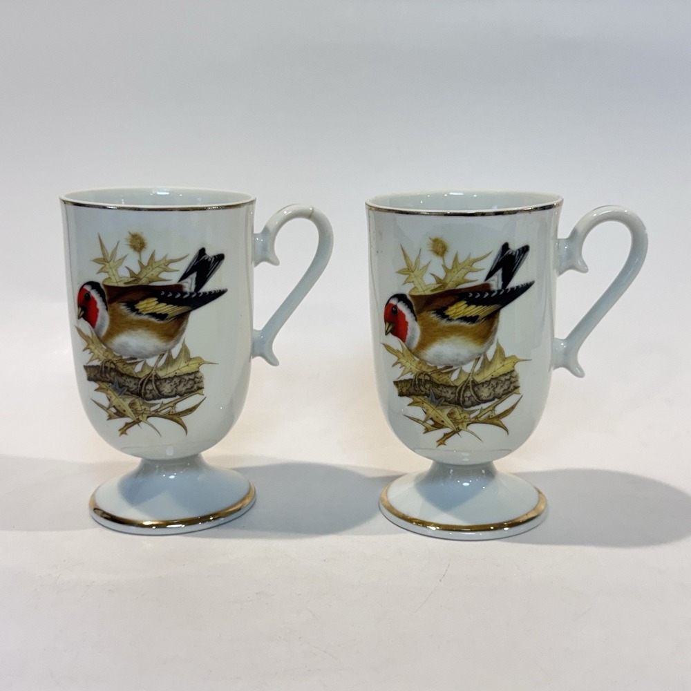 Vintage Enesco Arkham‎ Valley Goldfinch Bird Pedestal Mugs Cups Patrician Art